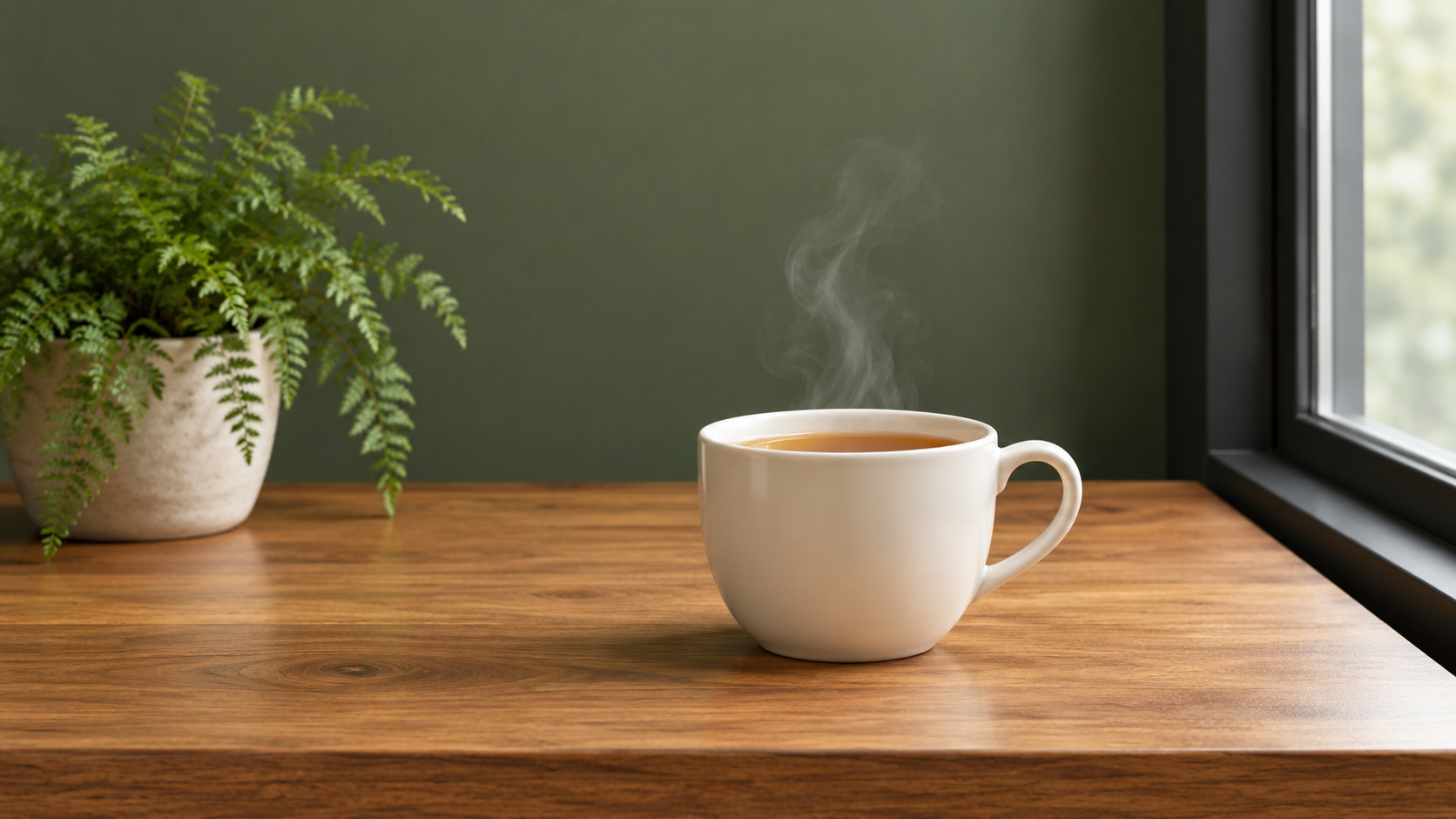 AI-generated cup of tea with steam, a fern and a window